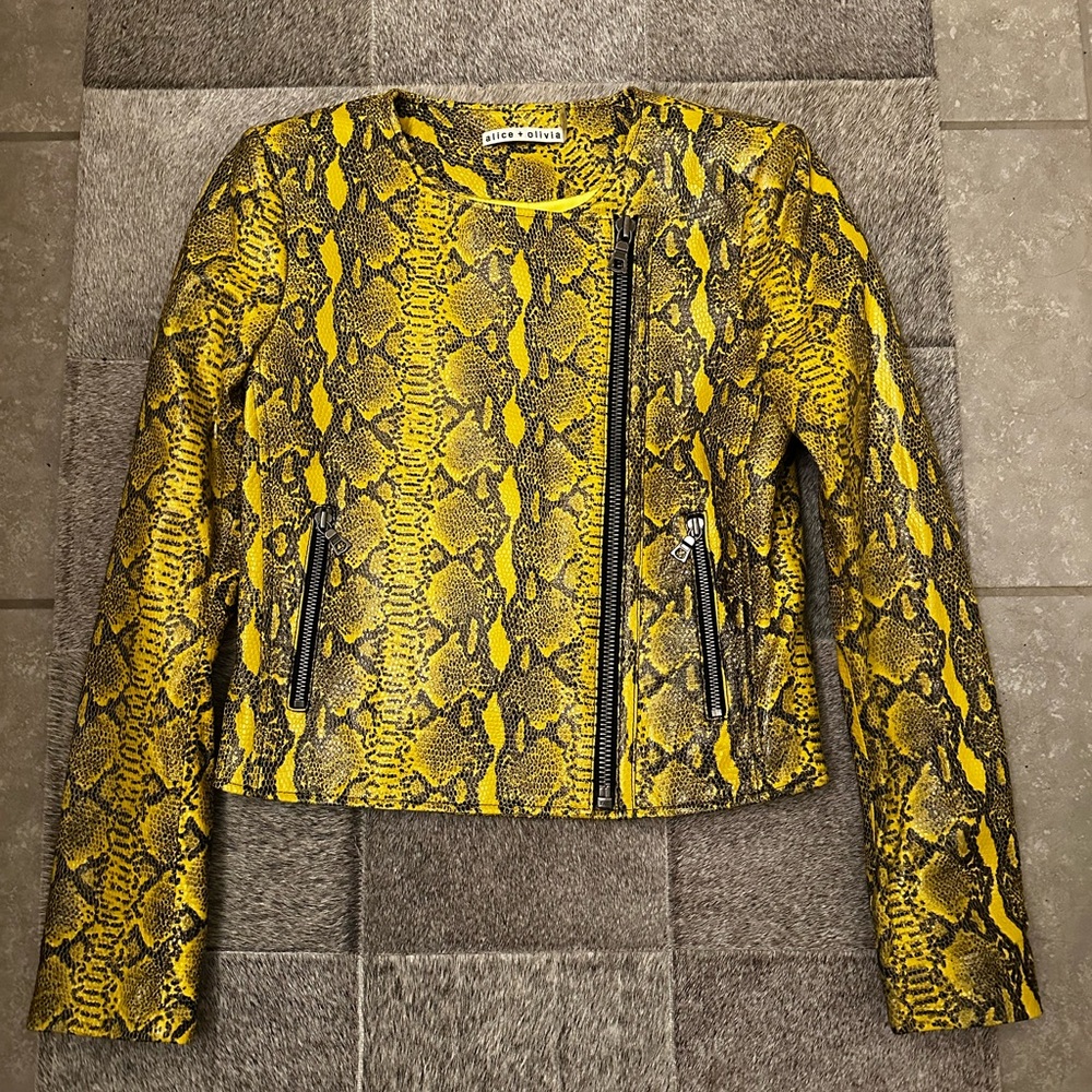 Alice + Olivia Yellow Snake Print Leather Biker Jacket